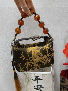 新中式宋锦牛皮手提饭盒包小众设计国风流苏串珠手拎小包斜挎包女