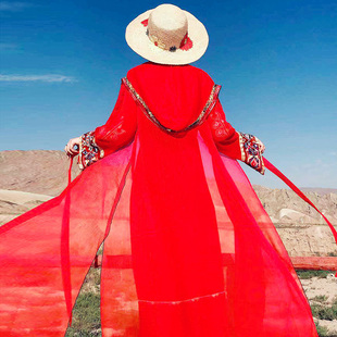 西藏沙漠旅游红色民族风，披肩开衫女防晒外套，雪纺长袖沙滩上衣