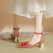 蝴蝶结尖头高跟鞋女红色，粗跟新娘婚鞋春季法式伴娘，鞋日常可穿单鞋