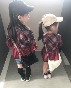 超美日本br家，女童菱格喇叭袖，裙摆上衣两色入