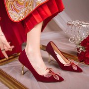 2022冬季单鞋女鞋红色6cm细跟2022年冬季橡胶单鞋pu尖头浅口