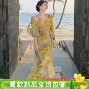 黄色战袍连衣裙气质风女法式长裙，高级感小个子一片式，显瘦垂感裙子