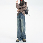 hey+jeans美式腰设计感复古怀旧牛仔裤女春秋宽松显瘦直筒