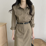 韩国chic秋季复古气质翻领单排扣收腰显瘦长袖衬衫式连衣裙长裙女