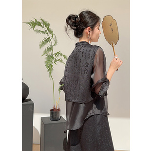 新中式女装国风套装女夏季2024网纱立领盘扣衬衫半身裙两件套