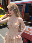 acaine洛蒂亚玫瑰粉色，中长款蕾丝收腰吊带连衣裙，女夏季法式裙子
