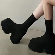 粗跟针织中筒靴高跟弹力靴women high heel boots Sock boots