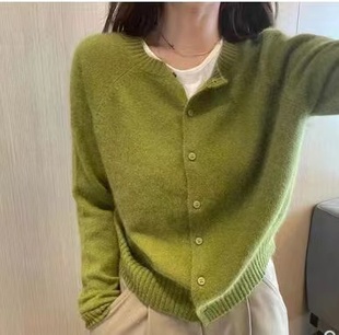 羊绒开衫女100%纯山羊绒圆领，针织毛衣外套，气质牛油果绿色羊毛衫
