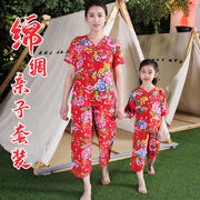 亲子母女装夏季东北大花女童，薄款棉绸套装家居服，中大童睡衣空调服