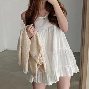 韩国chic夏季复古法式小众气质减龄吊带裙雪纺连衣裙，女宽松娃娃裙