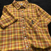美式复古日系黄格子(黄格子)衬衫男短袖，休闲衬衣夏季多巴胺黄色格纹外套