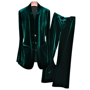古丝2023秋冬立领时尚修身墨绿色金丝绒气质设计感职业女套装