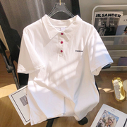 日系白色polo衫女短袖T恤夏2024年宽松字母设计纯色简约上衣