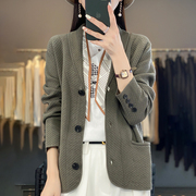 韩版纯色气质西装羊毛开衫女士2024春季宽松时尚长袖针织外套