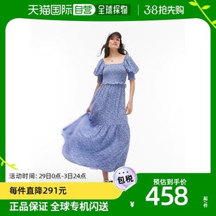香港直邮潮奢 Topshop 女士 抽褶短袖花朵中长连衣裙(蓝色)