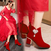 冬季婚鞋女2023红色高跟鞋粗跟结婚秀禾服婚纱两穿中跟新娘鞋