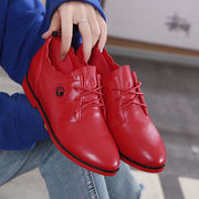 红色皮鞋女2022春秋平底单鞋女真皮内增高平跟女士休闲小皮鞋