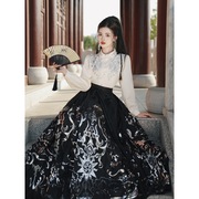 中国风女装长袖绣花衬衫古风黑色烫银马面裙女新中式日常套装螺钿