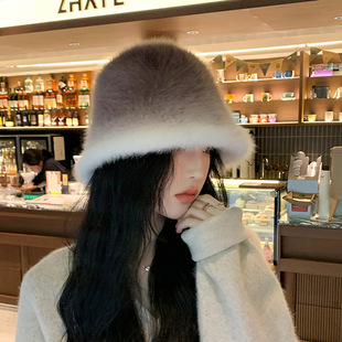 秋冬季韩版渐变色兔毛盆帽显脸小户外旅游保暖女士时尚水桶帽子潮