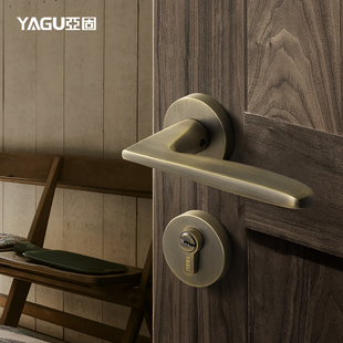 亚固门锁室内房间门锁三件套实木卧室静音磁吸美式分体青古铜门锁
