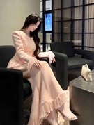 桃粉色气质小香风外套女2023秋冬高腰显瘦流苏半身裙两件套