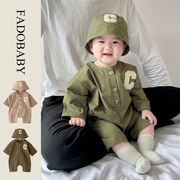 2024春装韩版婴儿爬服工装风宽松连体衣儿童长袖衣服外出服送帽子