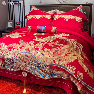 高级感中式龙凤喜被结婚床上四件套，纯棉100s长绒棉大红色婚庆床品