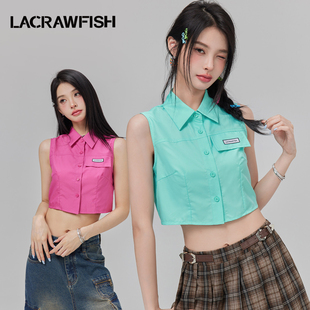 lacrawfish多巴胺，紧身短款露腰衬衫辣妹背心，无袖上衣女2024