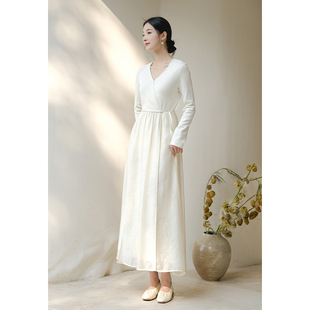 山有色春秋改良新中式连衣裙原创设计优雅气质米白色竹叶印花长裙