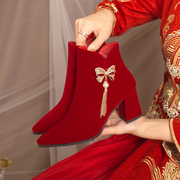 婚鞋新娘鞋冬天加绒粗跟2024冬季红色高跟鞋女结婚靴子不累脚