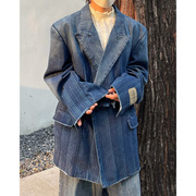 14GSL秋季复古水洗做旧蓝色条纹高级感牛仔外套小众宽松垫肩西装