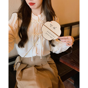 安璃 ANLI 新中式国风刺绣盘扣精致衬衫温婉甜美百搭高领上衣