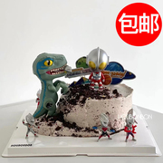 发光发声恐龙打奥特曼怪兽男孩生日蛋糕装饰摆件侏罗纪霸王龙