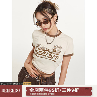 BeerBro美式复古设计感绑带短袖女2024夏季欧美辣妹修身正肩T恤女
