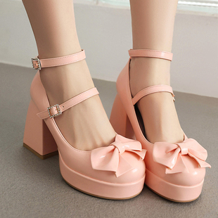 韩版甜美可爱蝴蝶结粉色少女高跟鞋女粗跟单鞋女学生公主洛丽塔鞋