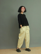 姜欢设计 四季可穿的卡其色亚麻工装风格轻文艺风哈伦长裤