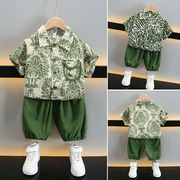 男童夏季套装2024港风花，衬衫儿童多巴胺衣服，男孩短袖小童韩版