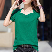 v领绿色短袖t恤女纯棉，宽松百搭法式方领泡泡袖，设计感半袖体桖上衣