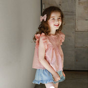 夏季女童蕾丝花边短袖衬衫，韩国版儿童装短裤，甜美上衣镂空飞袖t恤