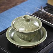 青瓷三才盖碗茶杯越窑手工陶瓷，单个泡茶大号功夫茶具中式复古家用