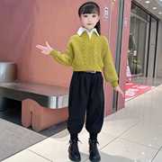 女童洋气假两件polo领设计感麻花，针织毛衣时尚哈伦裤秋冬韩版套装