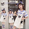 女童夏装儿童连衣裙2024夏季短袖条纹假两件背带裙韩版卡通裙