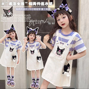 女童夏装儿童连衣裙2024夏季短袖，条纹假两件背带裙韩版卡通裙