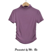 美式基础款小立领圆弧下摆，短袖上衣简约百搭紫色蚂蚁腰t恤衫