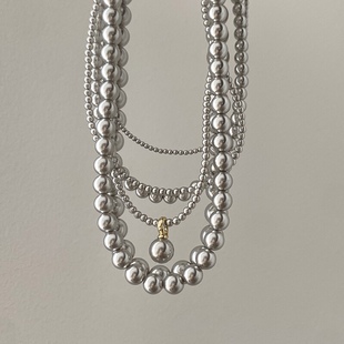 真多麻仿贝壳珍珠项链正圆强光铂金灰色清冷高级轻奢小米珠锁骨链