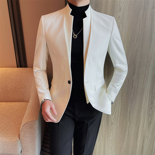 新中式国风白色西服，男春秋外套假两件拼接立领设计中山装气质单西