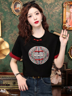 中国风刺绣短袖t恤女夏季2024设计感盘扣新中式圆领黑色上衣