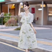 新中式印花连衣裙，2024夏装雪纺，连衣裙小个子两件套套裙