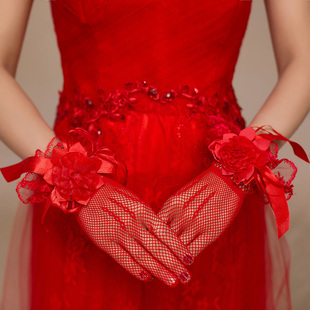 新娘手套红色短款婚纱礼服，旗袍配件敬酒服网纱韩式甜美结婚花朵