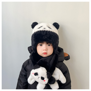 宝宝帽子围巾两件套男女儿童冬季毛绒保暖亲肤护耳帽可爱熊猫套装